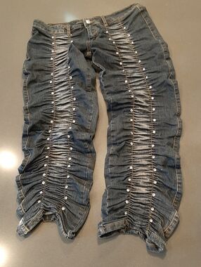 Y2K Ruched Stacked Jeans Rhinestone Studded Denim XL G.W. Maxx Neo Classic